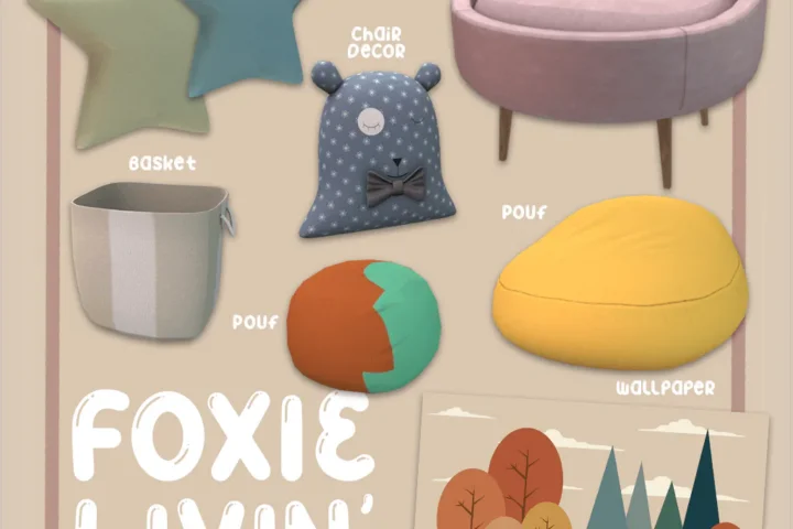 Foxie Livin' Set by SNOOTYSIMS | Chair / Decor / Pillow / Wallpaper