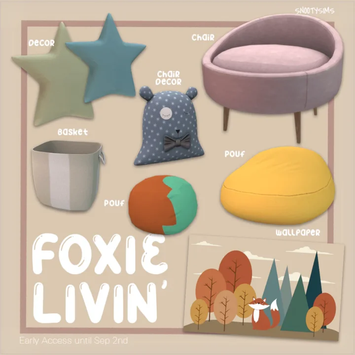Foxie Livin' Set by SNOOTYSIMS | Chair / Decor / Pillow / Wallpaper