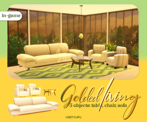 Golden Living CC by SNOOTYSIMS | Sofa, Chairs & Table | Retro | 80s look