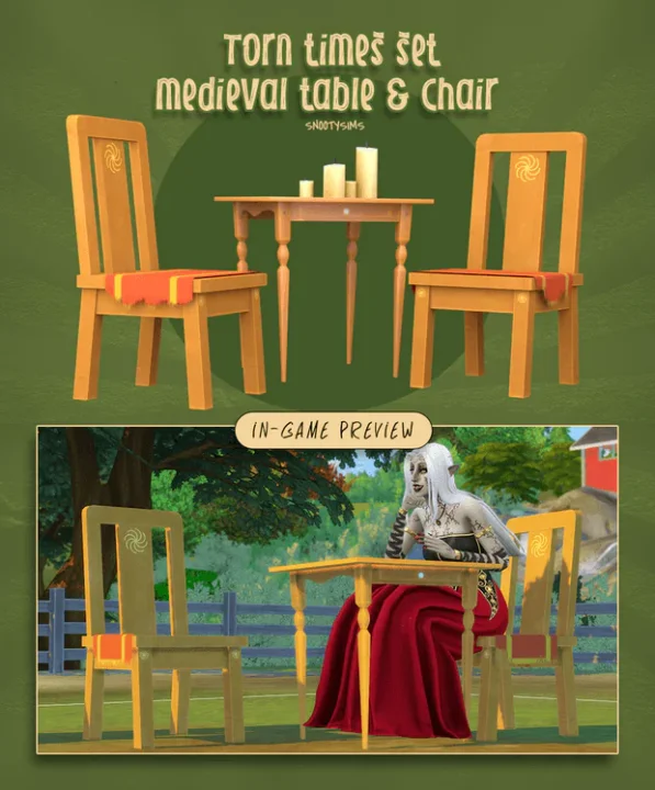 Torn Times Set (Medieval CC) by SNOOTYSIMS | Table & Chairs