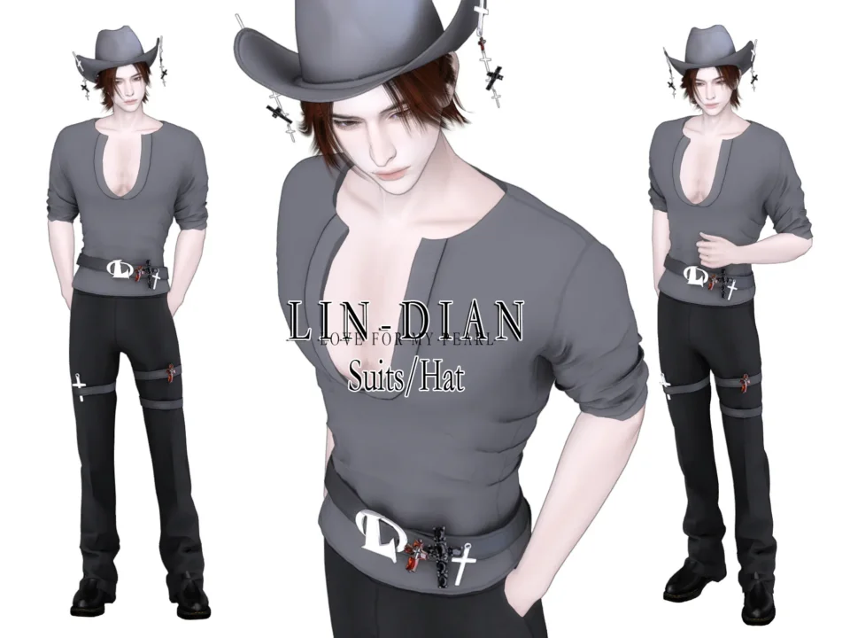 LIN-DIAN Men's fitted top and belted trousers suit