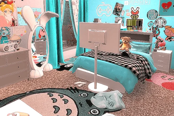 Dreamy Blue Kawaii Gamer Teen Bedroom