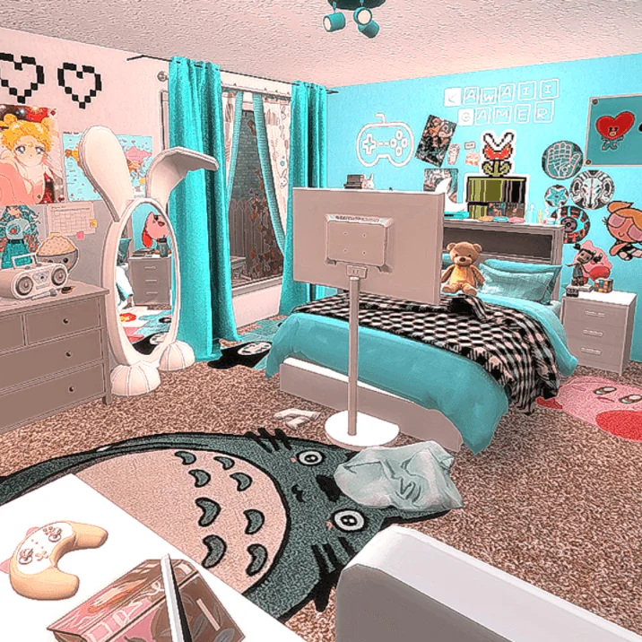 Dreamy Blue Kawaii Gamer Teen Bedroom