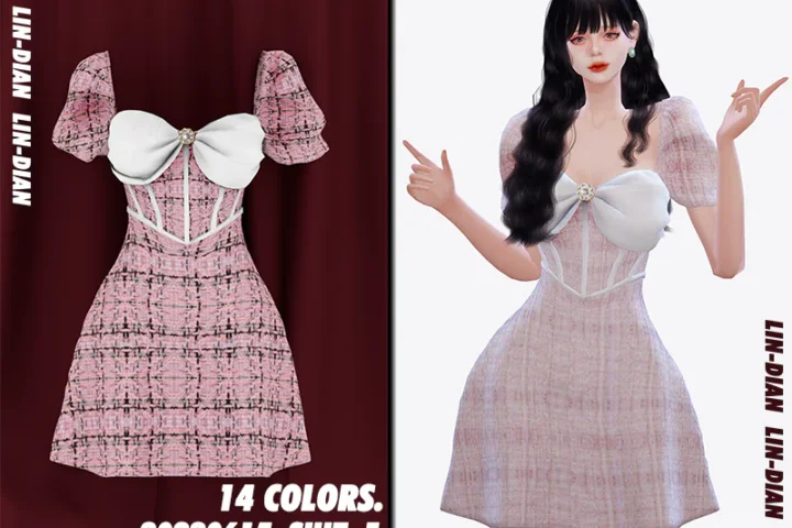 LIN-DIAN herringbone puff sleeve dress