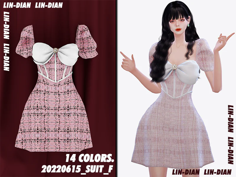 LIN-DIAN herringbone puff sleeve dress